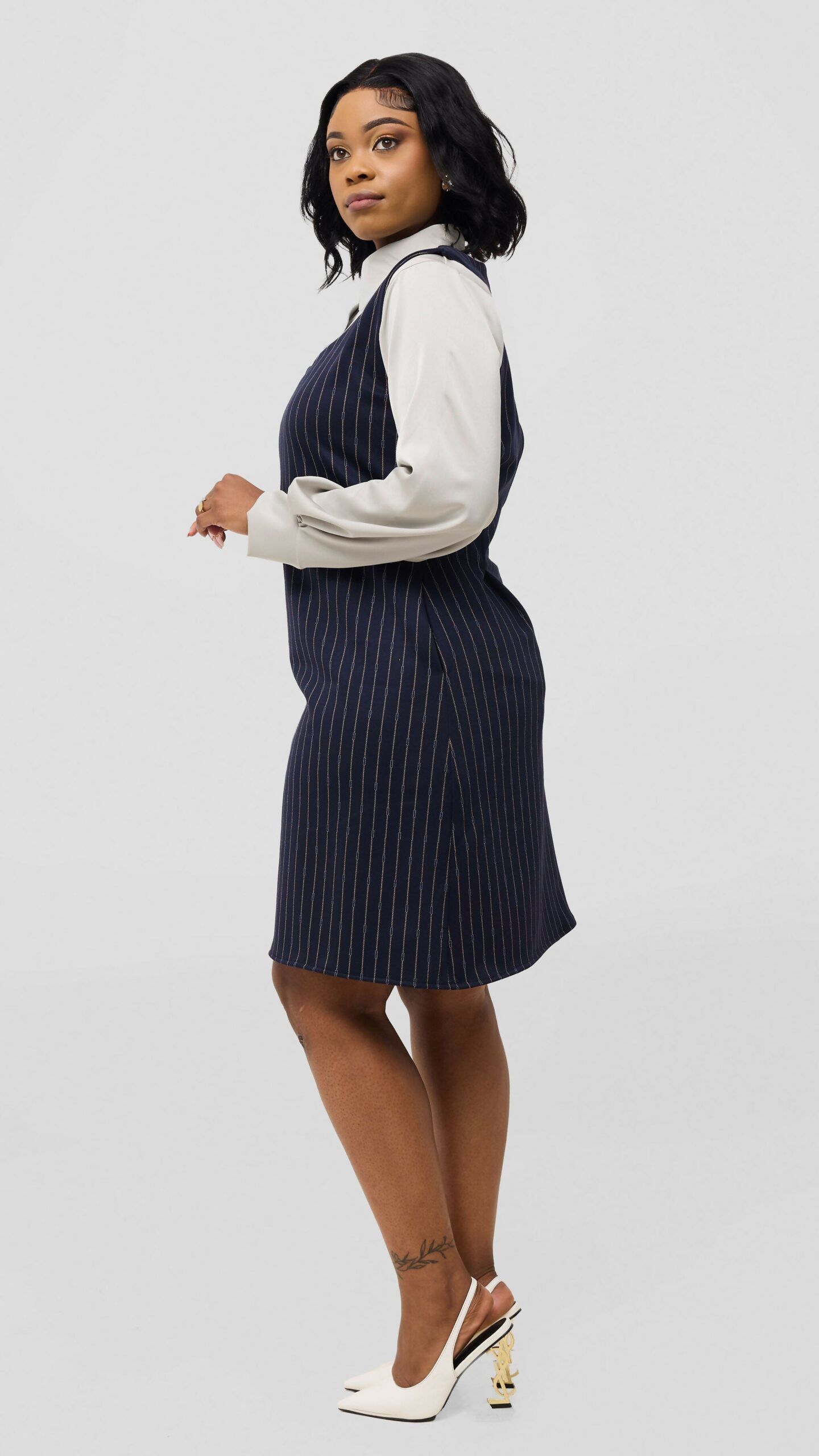 Silk House Collection Curvy Plus Size Amara Dress - Navy Blue Pinstripe - Image 2