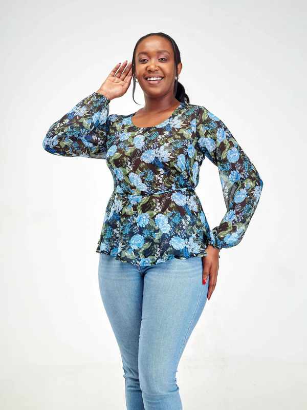 Silk House Collection Hulya Top - Blue Floral Print - Image 3