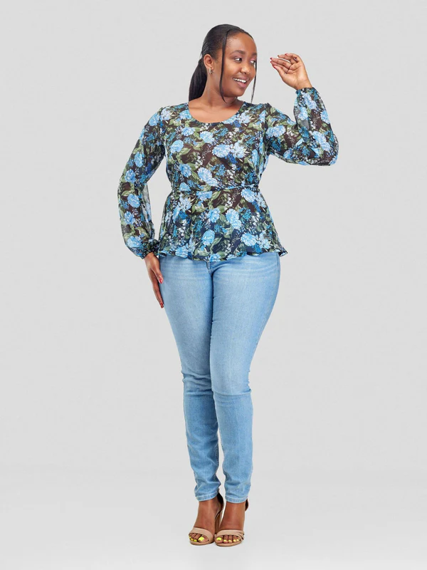 Silk House Collection Hulya Top - Blue Floral Print
