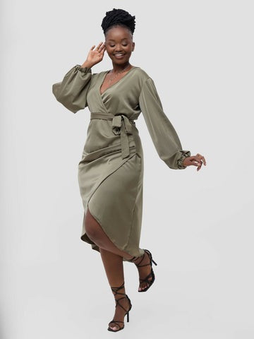 Zahra Silk Dress - Olive Green